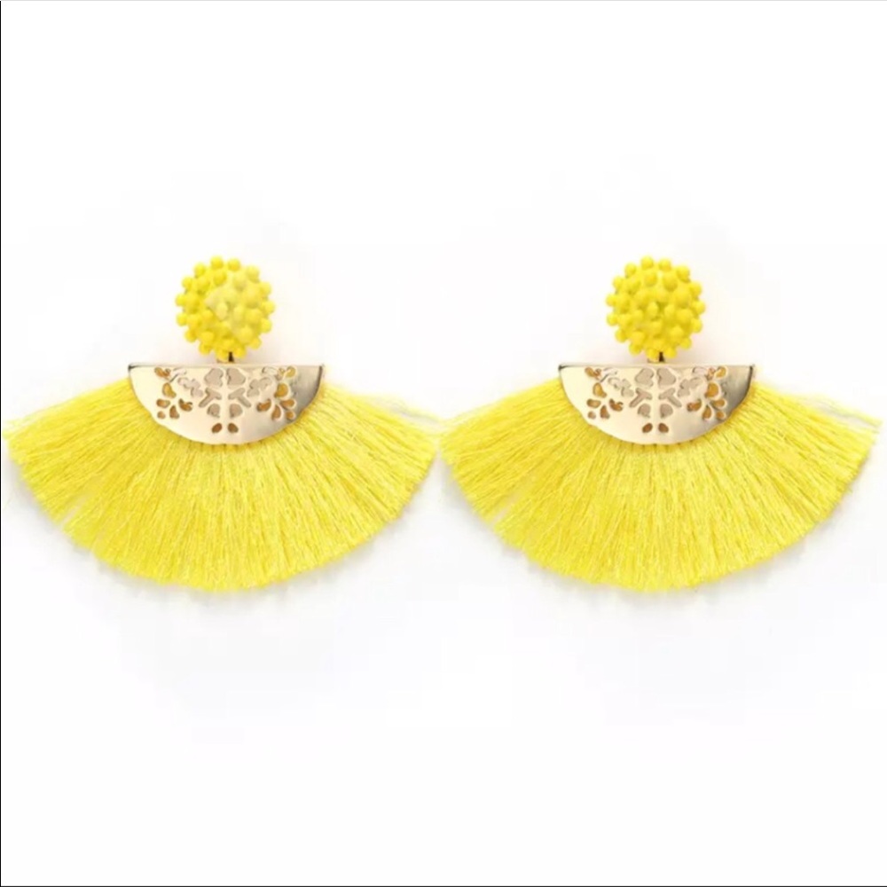 ππ Blue and Yellow Fringe Fan Earrings π - Picture 5 of 6